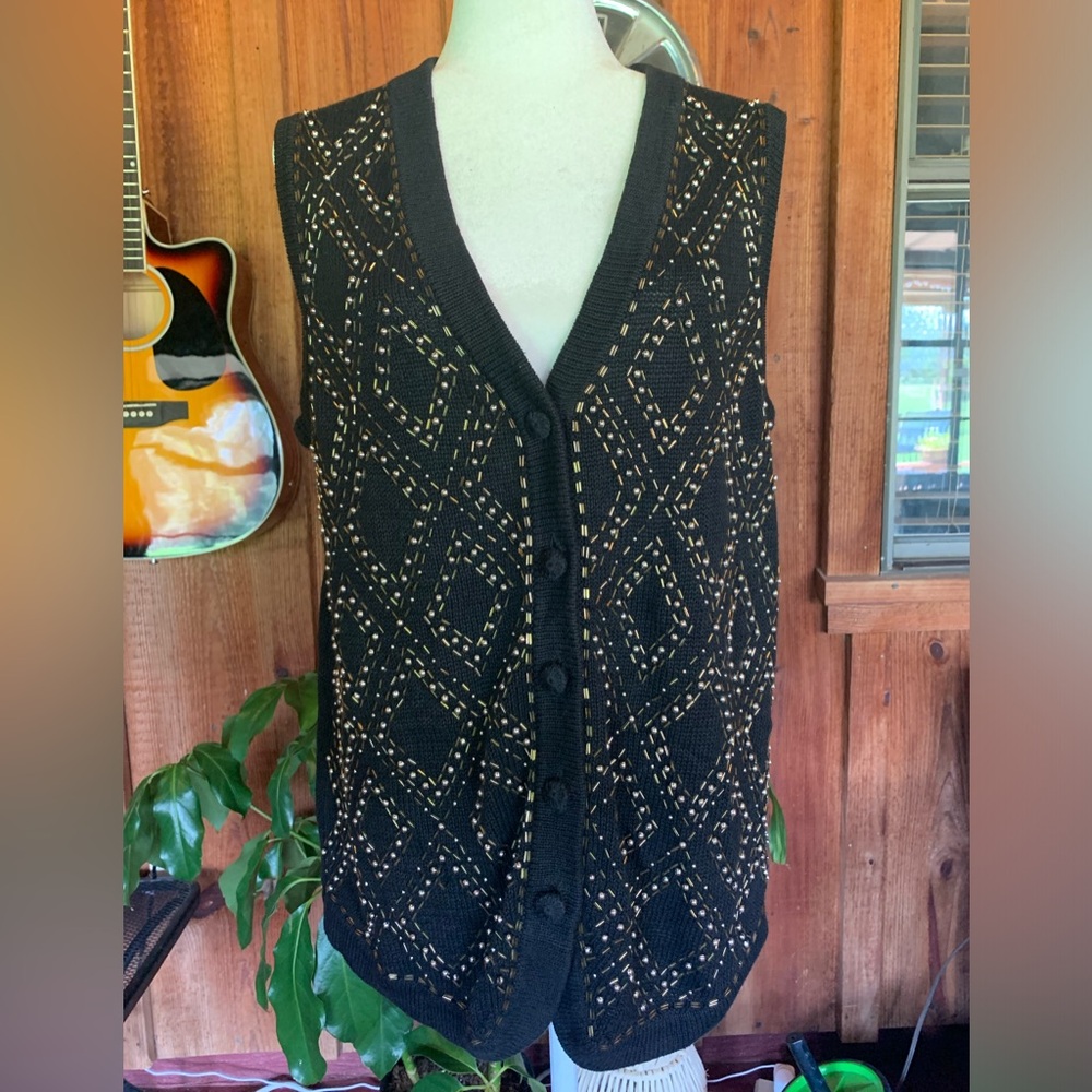 Vintage Studio Collection 90s Gold Beaded Black Sweater Vest Size M
